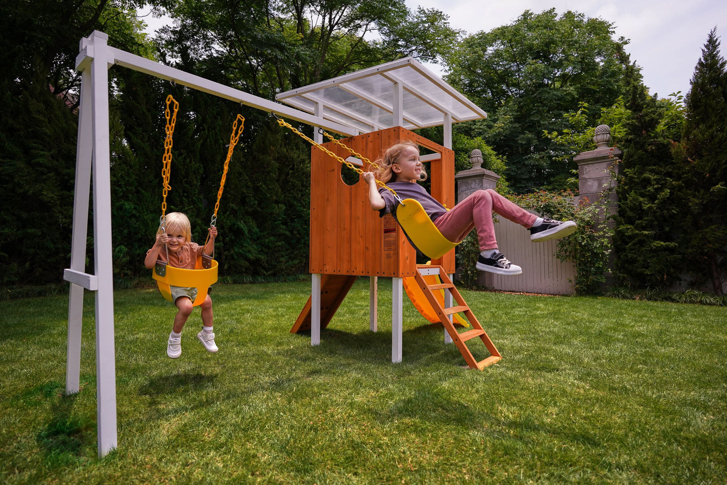 Forest Small Outdoor Toddler Swing Set | Compact Wooden Swing Frame for Babies & Kids - Chickadees Wooden Toys