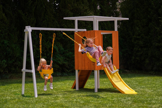 Forest Small Outdoor Toddler Swing Set | Compact Wooden Swing Frame for Babies & Kids - Chickadees Wooden Toys