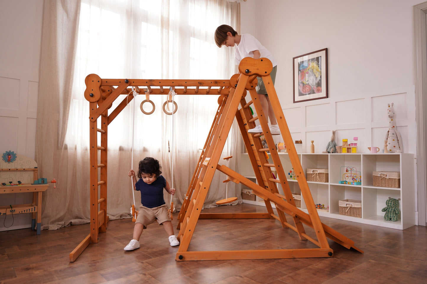 Chestnut 8-in-1 Jungle Gym for Toddlers | Indoor & Outdoor Wooden Playset - Chickadees Wooden Toys