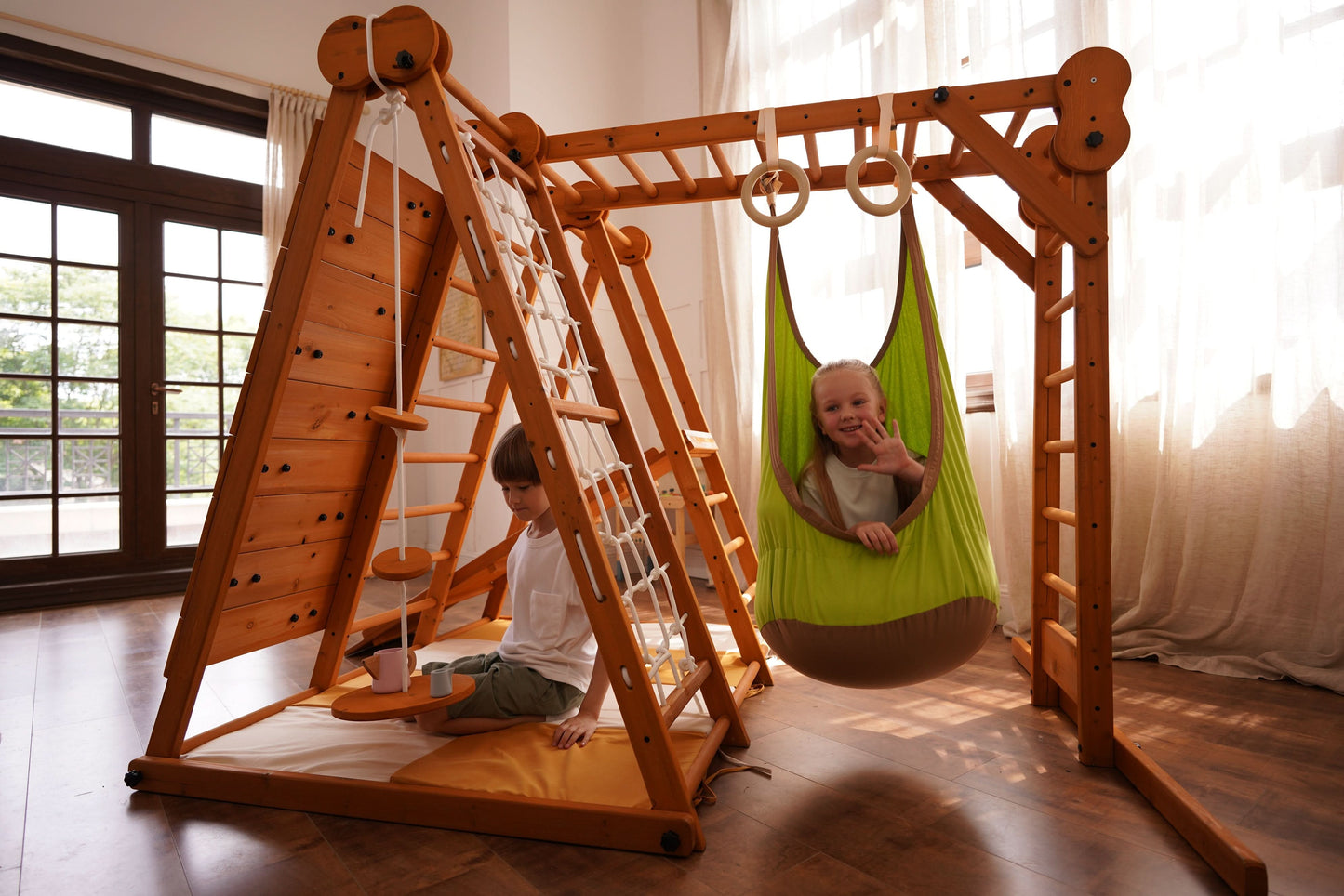 Chestnut 8-in-1 Jungle Gym for Toddlers | Indoor & Outdoor Wooden Playset - Chickadees Wooden Toys