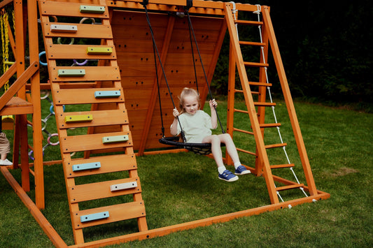 Sycamore Backyard Climbing Set – 2 Swings, Trapeze Bar & Outdoor Fun - Chickadees Wooden Toys