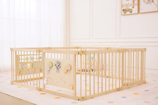 Wooden Baby Playpen with Sensory Activity Panels – 63" x 63" Square, Foldable Indoor Play Yard with Montessori Toys