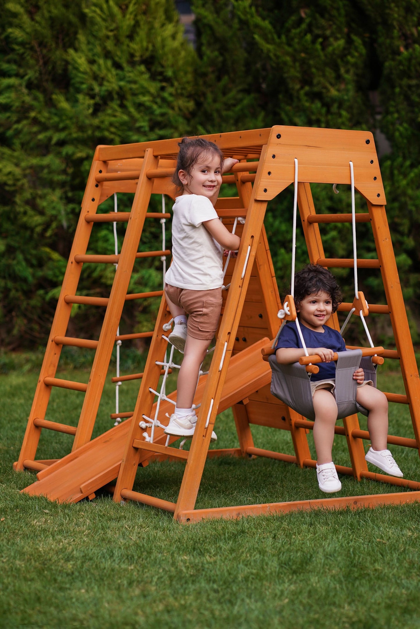 Magnolia 7-in-1 Real Wood Playset | Indoor & Outdoor Climbing Gym for Kids - Chickadees Wooden Toys