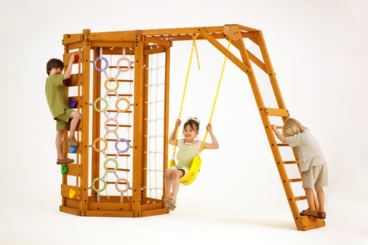 Hawthorn Outdoor Climber Playset | Monkey Bars, Swing & Octagon Climber for Kids - Chickadees Wooden Toys