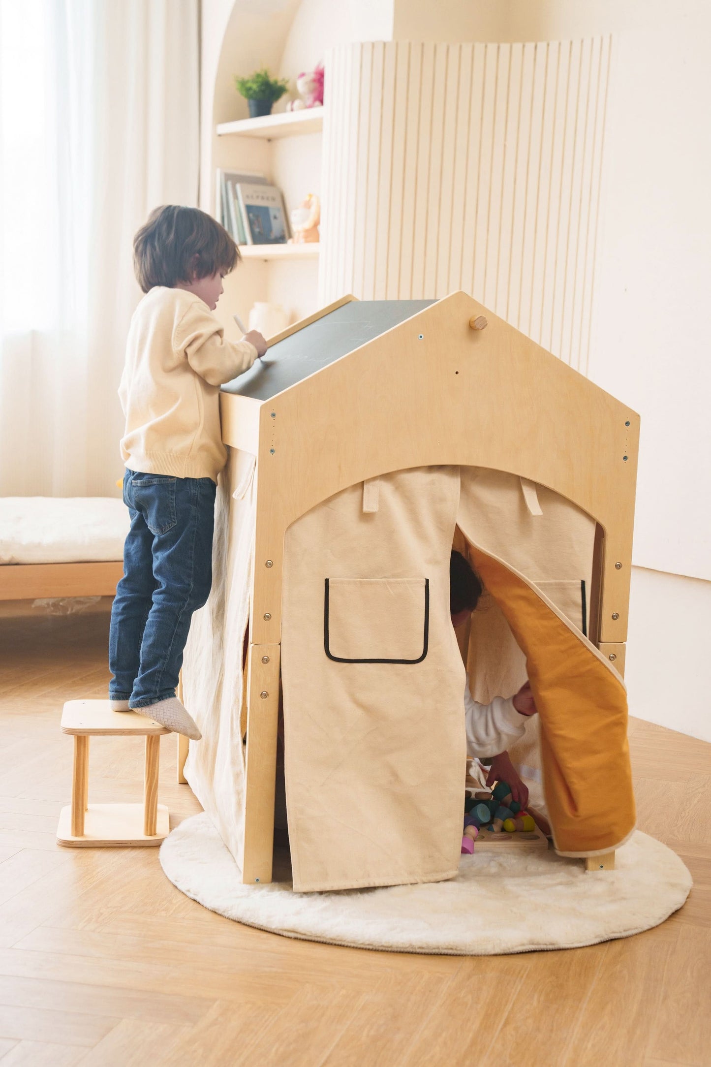 Ash Adjustable Wooden Learning Tent with Kids Desk & Chair – 2-in-1 Play & Study Station - Chickadees Wooden Toys
