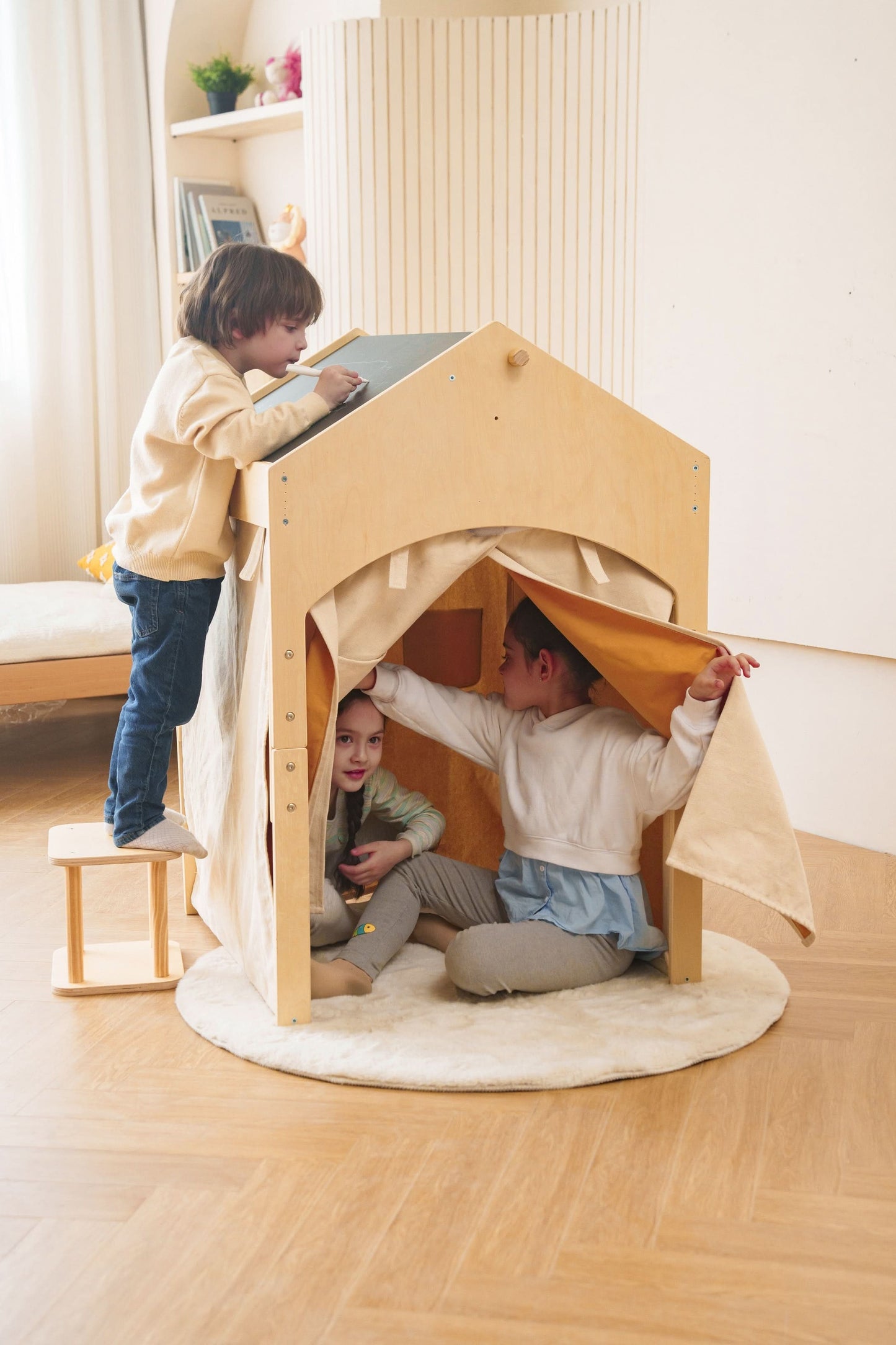 Ash Adjustable Wooden Learning Tent with Kids Desk & Chair – 2-in-1 Play & Study Station - Chickadees Wooden Toys