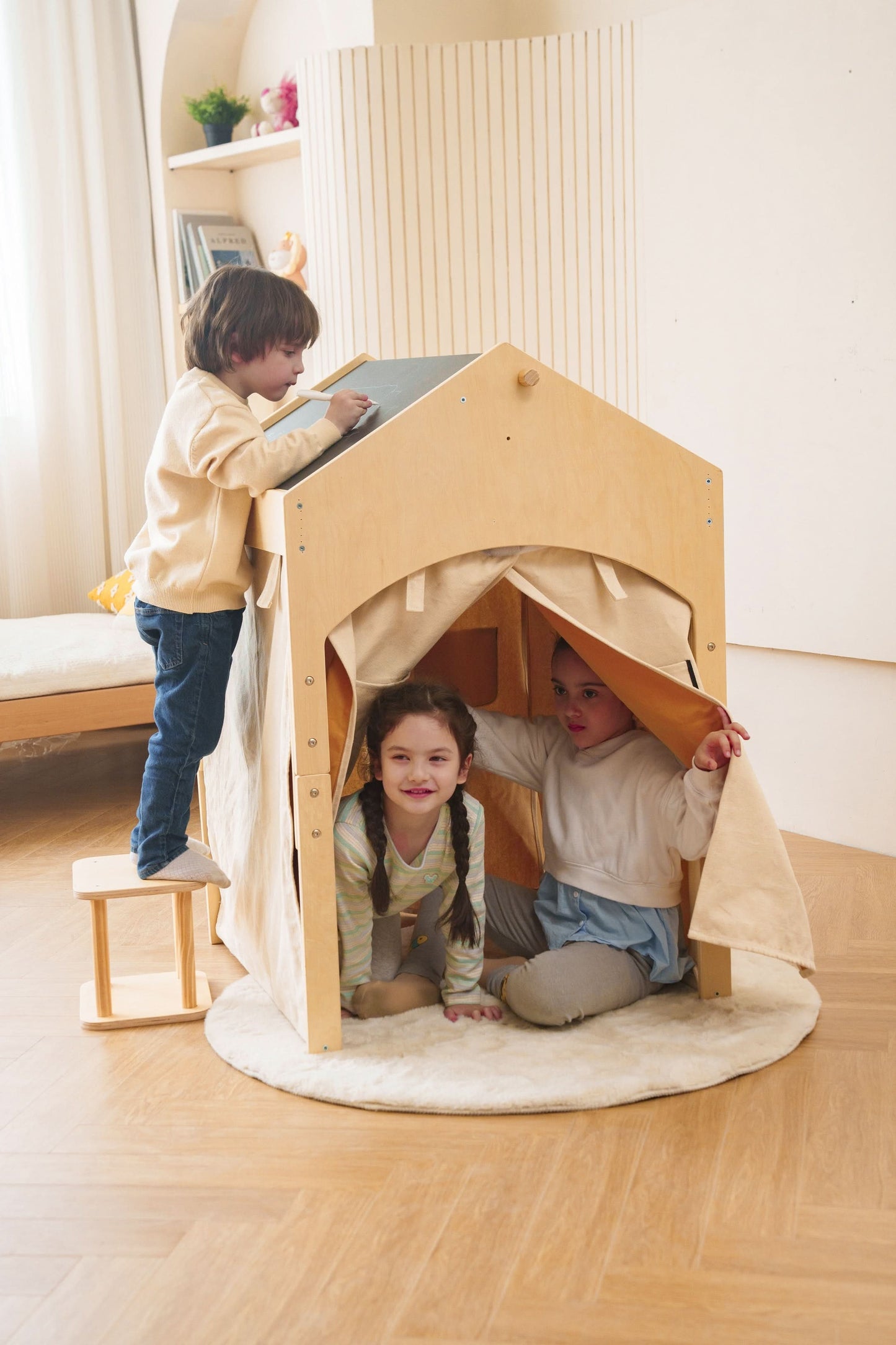 Ash Adjustable Wooden Learning Tent with Kids Desk & Chair – 2-in-1 Play & Study Station - Chickadees Wooden Toys