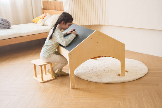 Ash Adjustable Wooden Learning Tent with Kids Desk & Chair – 2-in-1 Play & Study Station - Chickadees Wooden Toys