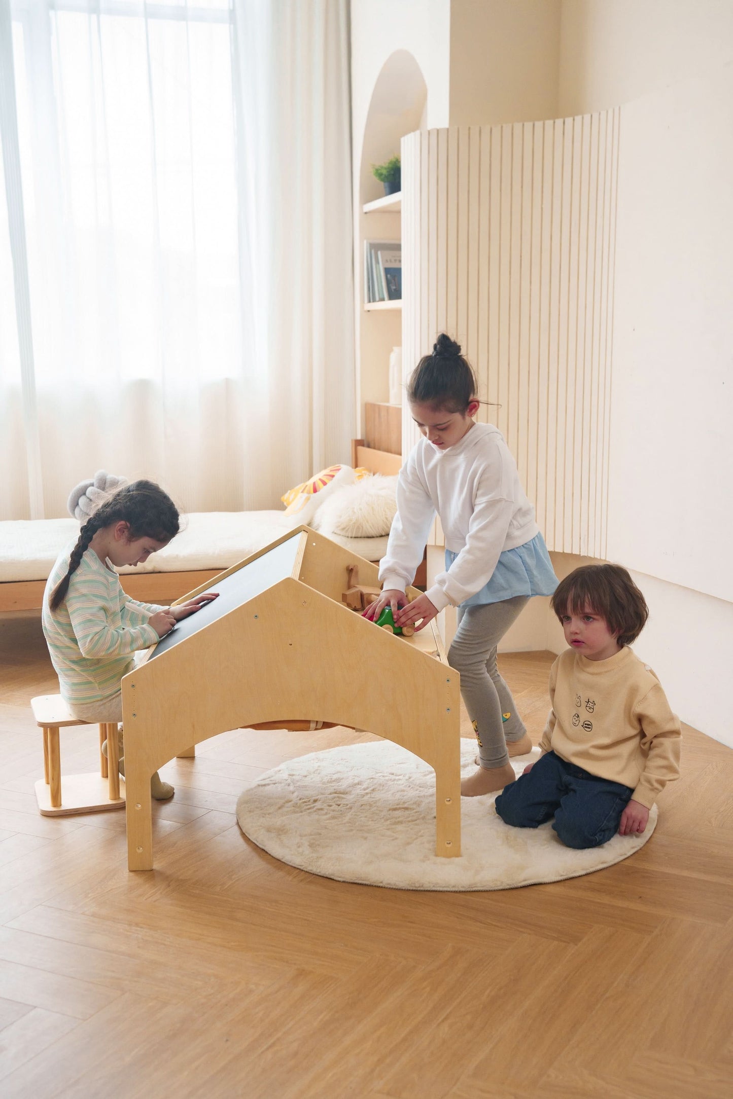Ash Adjustable Wooden Learning Tent with Kids Desk & Chair – 2-in-1 Play & Study Station - Chickadees Wooden Toys
