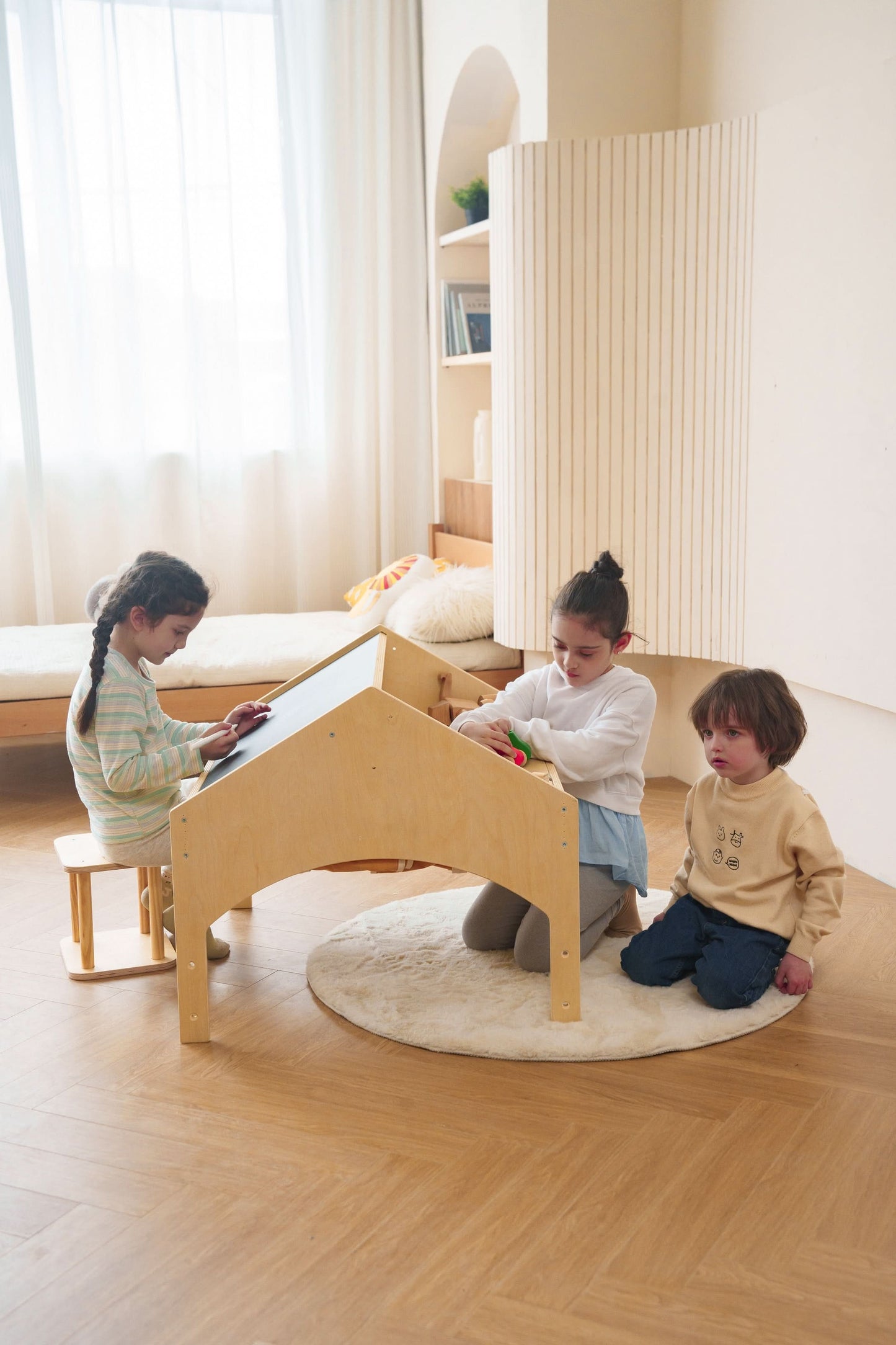 Ash Adjustable Wooden Learning Tent with Kids Desk & Chair – 2-in-1 Play & Study Station - Chickadees Wooden Toys