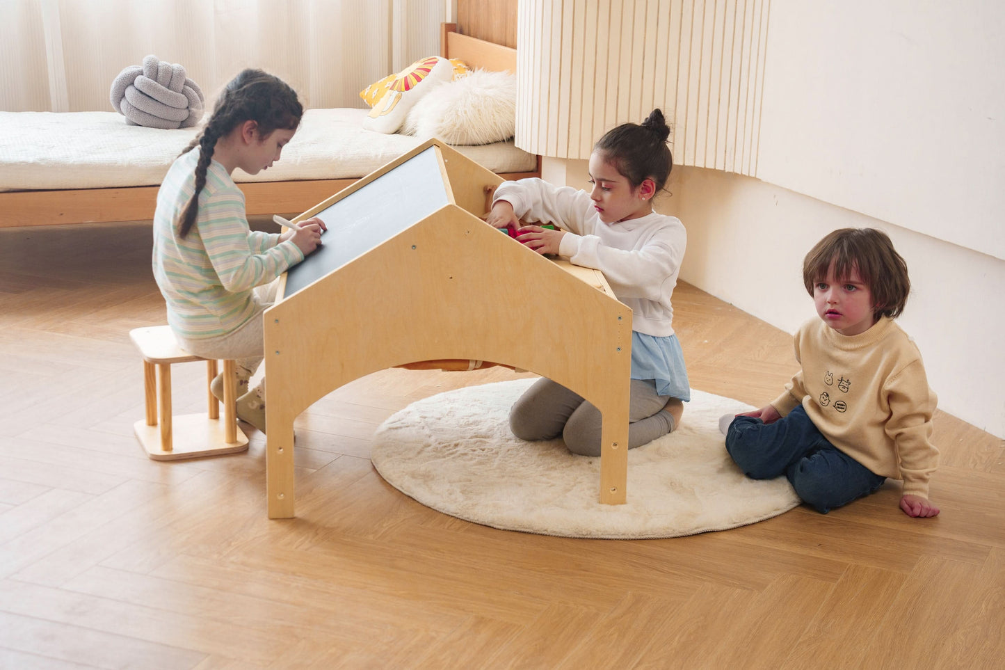 Ash Adjustable Wooden Learning Tent with Kids Desk & Chair – 2-in-1 Play & Study Station - Chickadees Wooden Toys