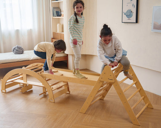 Bazel 6-in-1 Pikler Climber Set | Wooden Triangle, Rocker Arch & Slide for Toddlers - Chickadees Wooden Toys