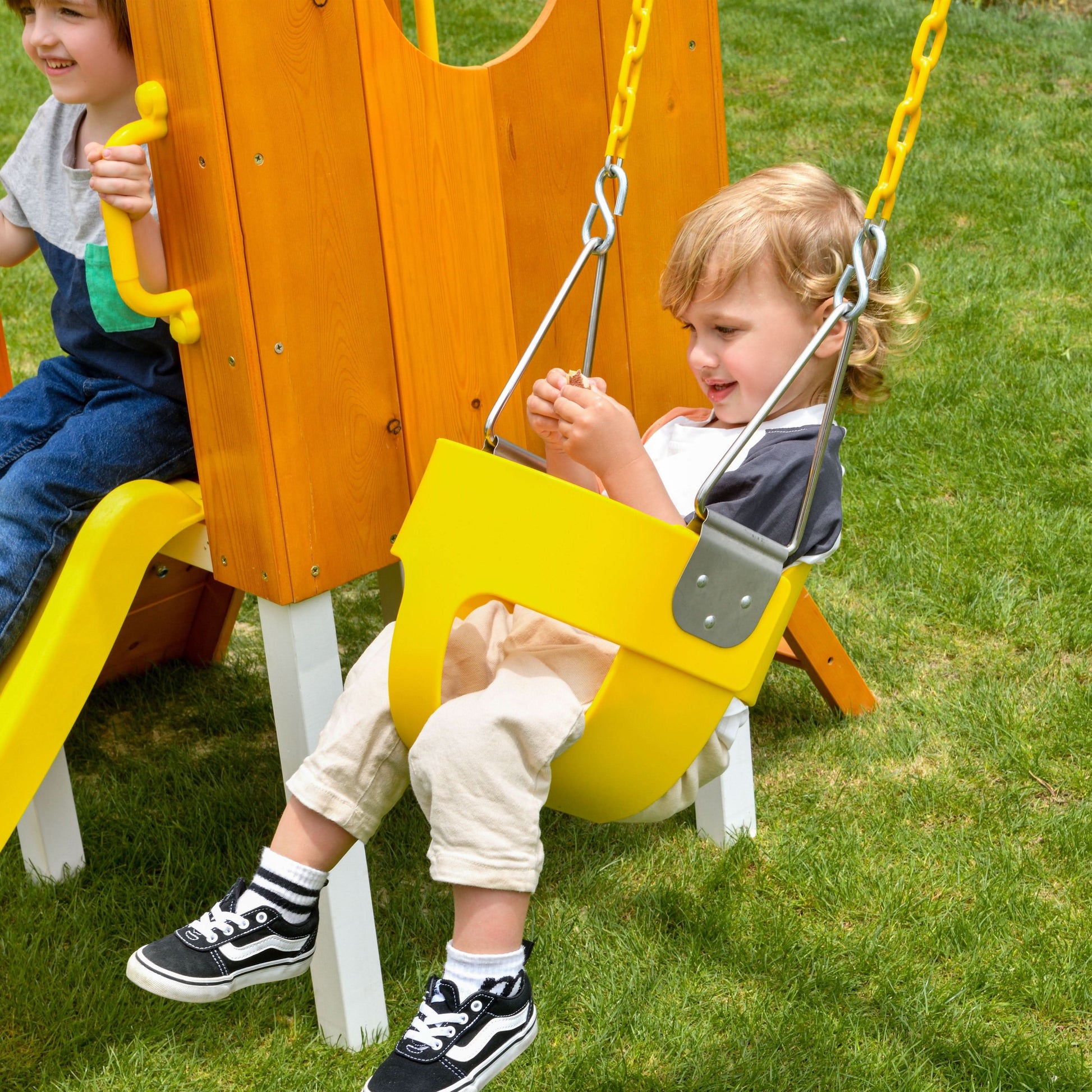Forest Small Outdoor Toddler Swing Set | Compact Wooden Swing Frame for Babies & Kids - Chickadees Wooden Toys