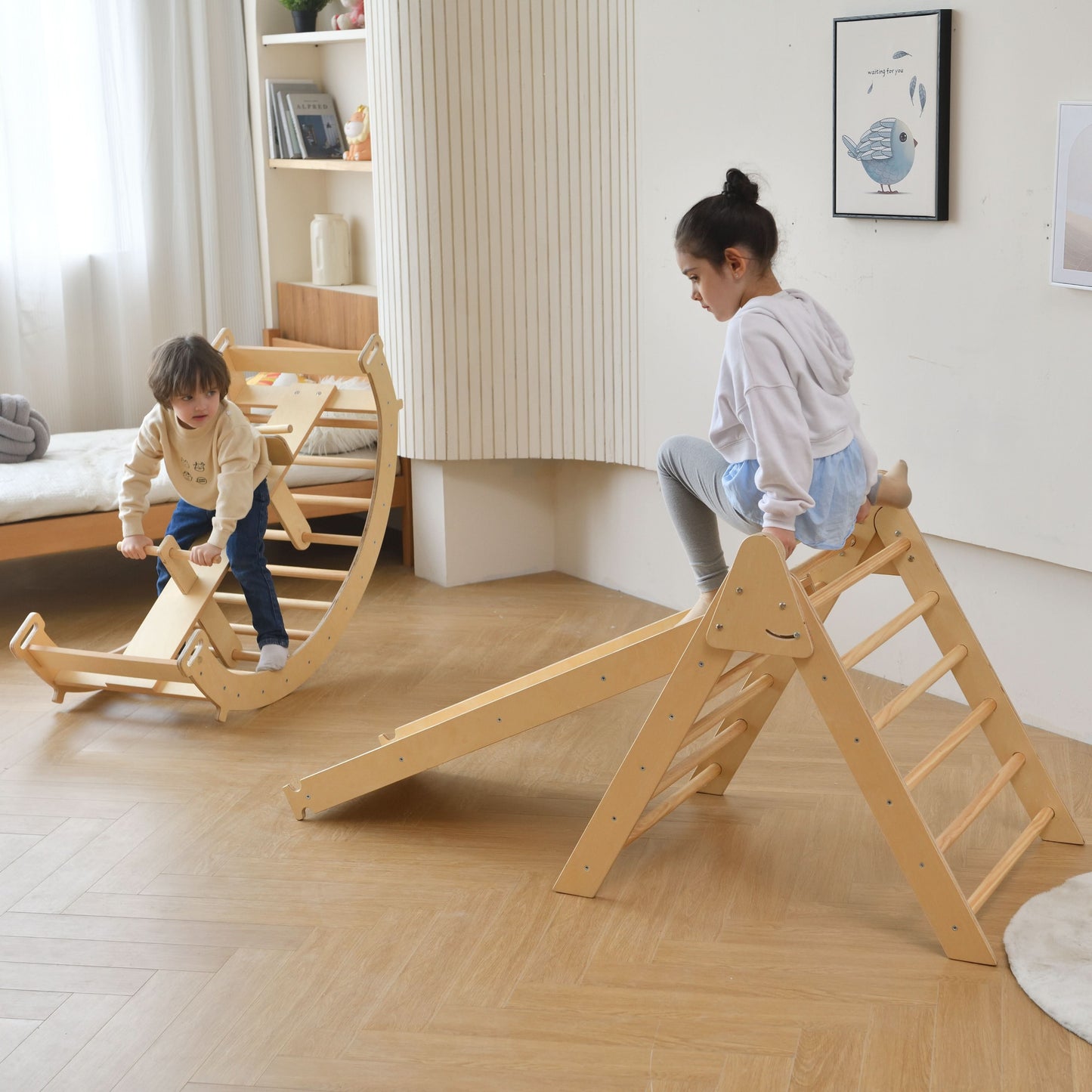 Bazel 6-in-1 Pikler Climber Set | Wooden Triangle, Rocker Arch & Slide for Toddlers - Chickadees Wooden Toys