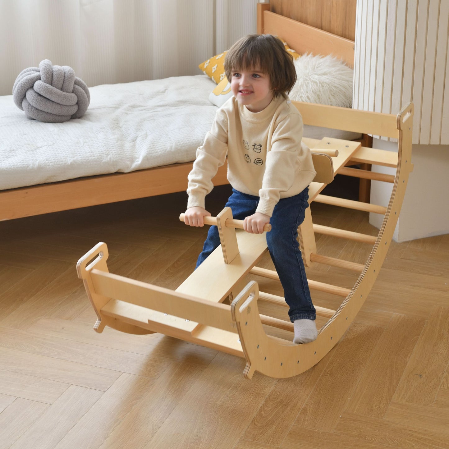 Bazel 6-in-1 Pikler Climber Set | Wooden Triangle, Rocker Arch & Slide for Toddlers - Chickadees Wooden Toys