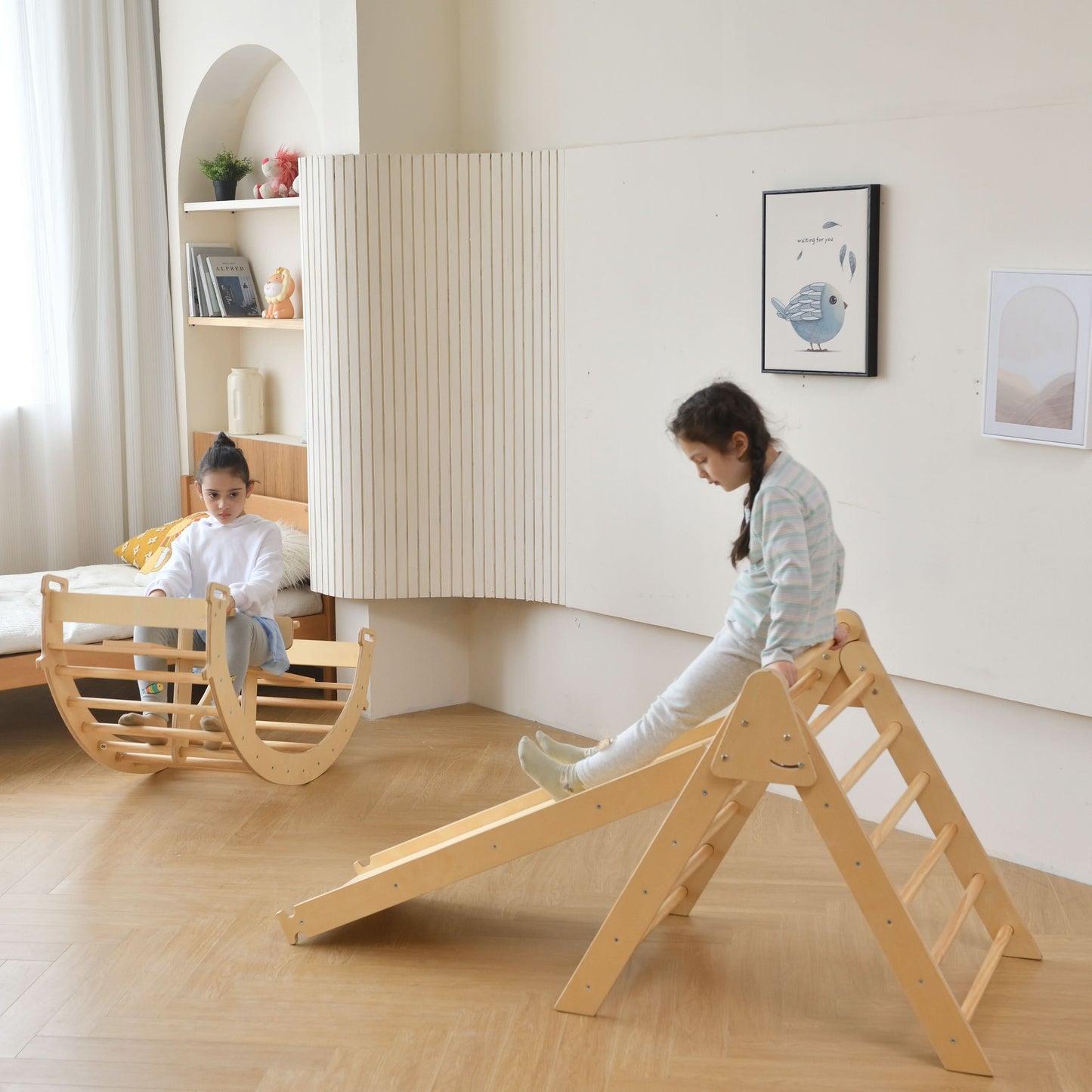 Bazel 6-in-1 Pikler Climber Set | Wooden Triangle, Rocker Arch & Slide for Toddlers - Chickadees Wooden Toys