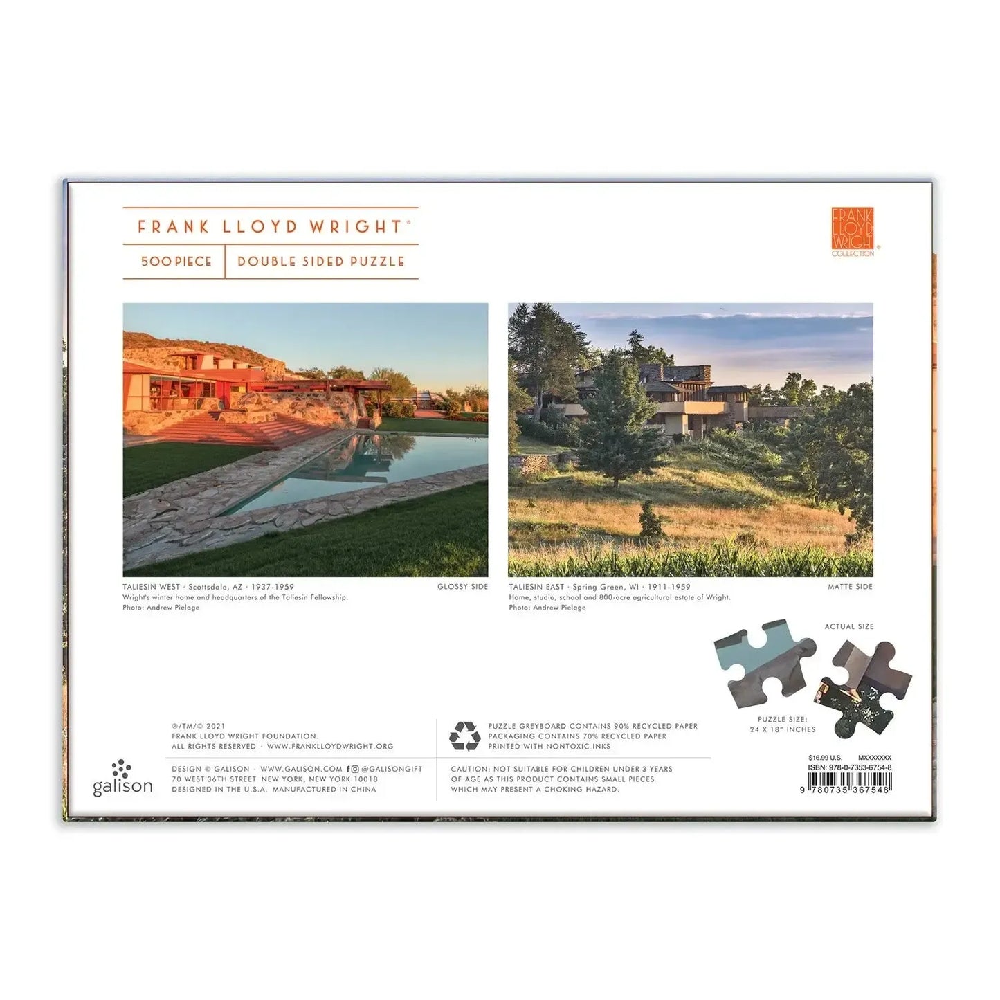 FLW Taliesin & Taliesin West Double-Sided 500 Piece Jigsaw Puzzle Galison