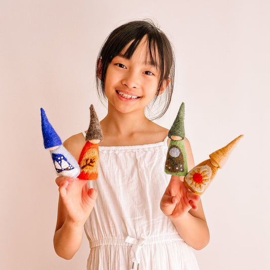 Felt Finger Puppets Set of 4 - Four Seasons Gnomes - Chickadees Wooden Toys