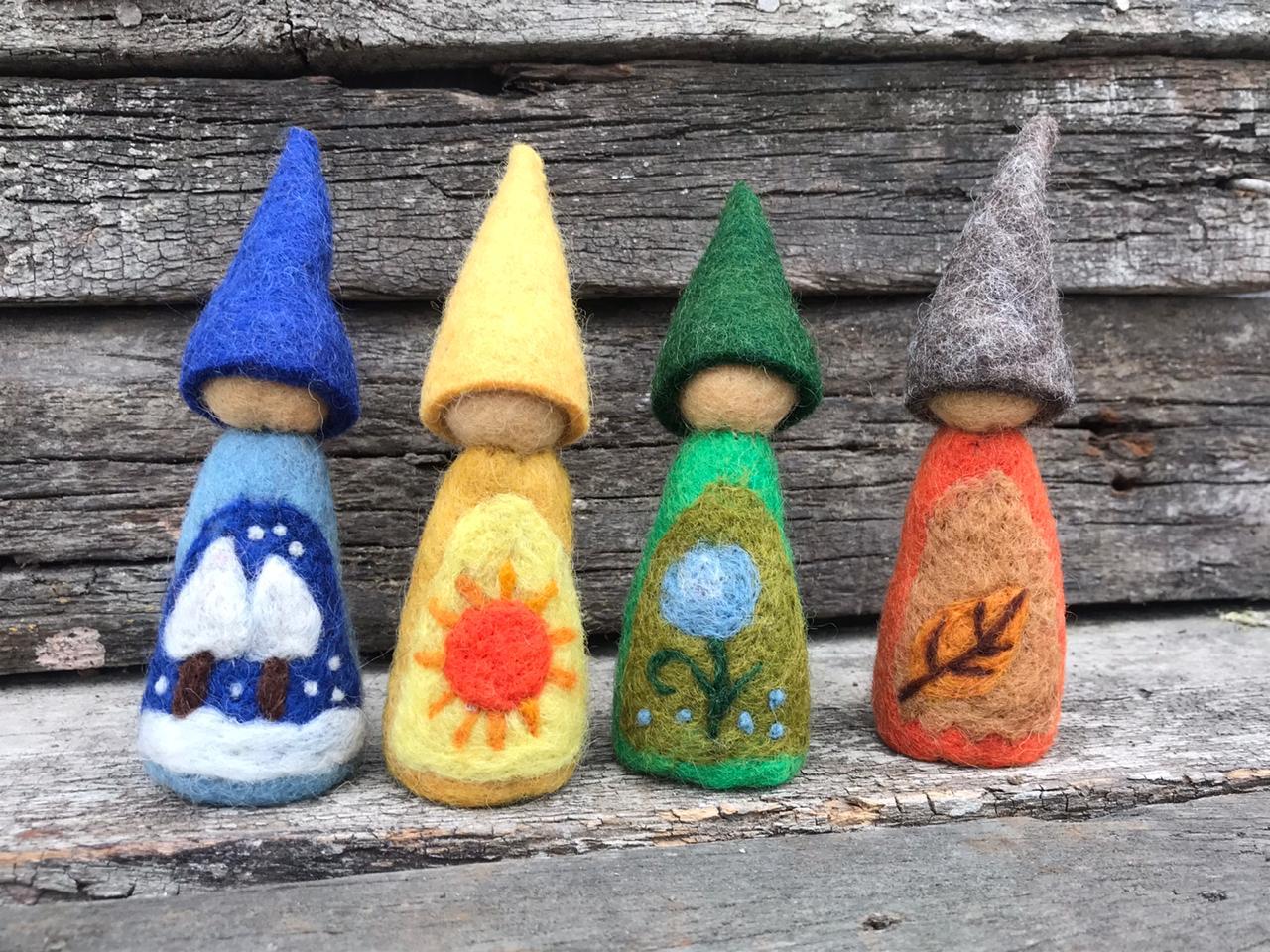 Felt Finger Puppets Set of 4 - Four Seasons Gnomes - Chickadees Wooden Toys