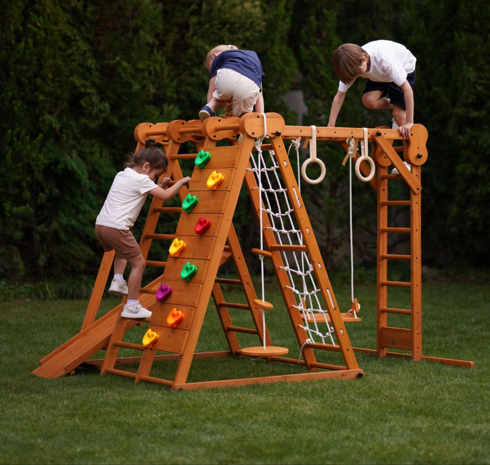 Chestnut 8-in-1 Jungle Gym for Toddlers | Indoor & Outdoor Wooden Playset - Chickadees Wooden Toys