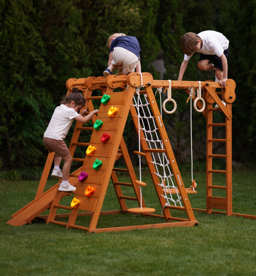 Chestnut 8-in-1 Jungle Gym for Toddlers | Indoor & Outdoor Wooden Playset - Chickadees Wooden Toys