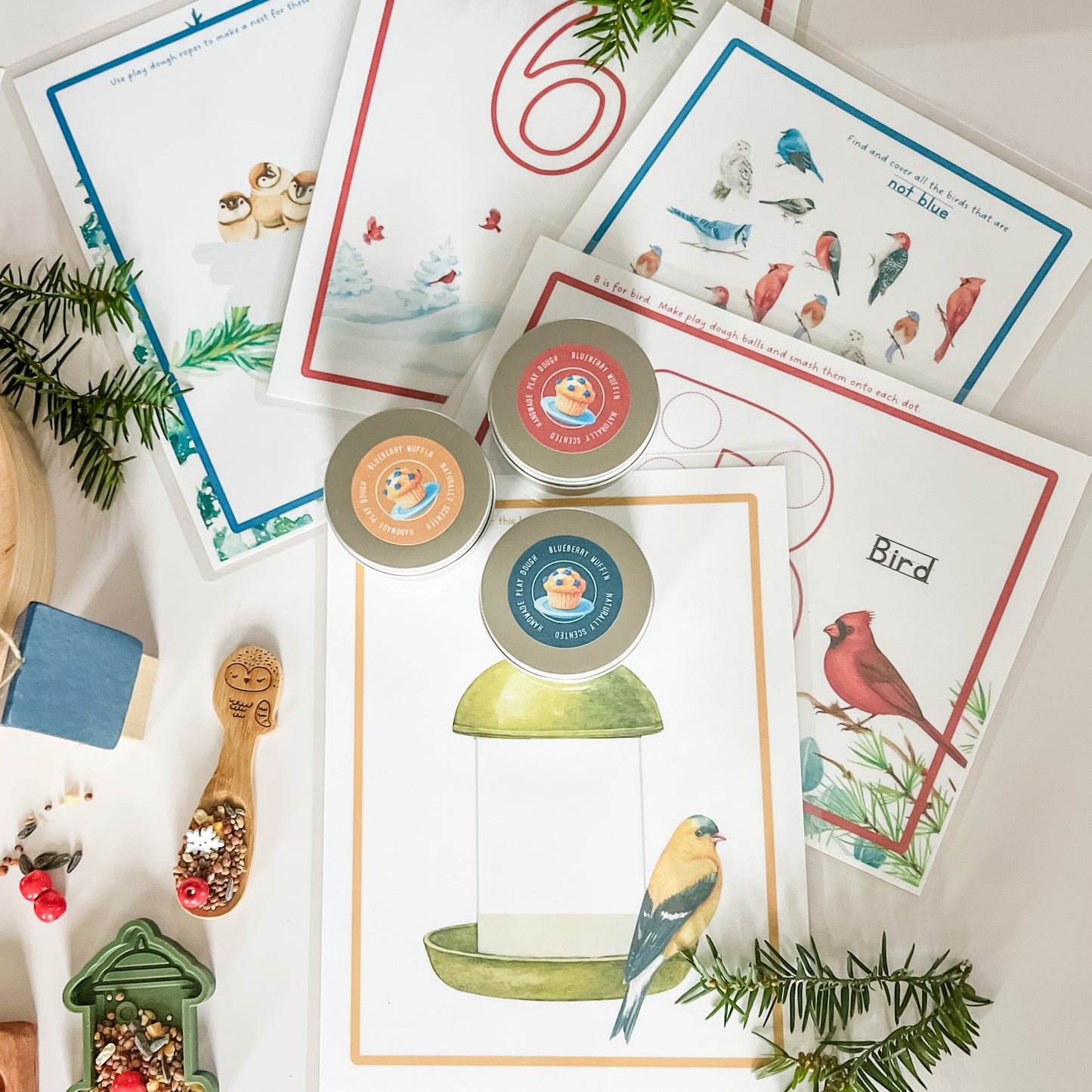 10 Winter Birds Themed Play Dough Mats - Digital Download - Chickadees Wooden Toys