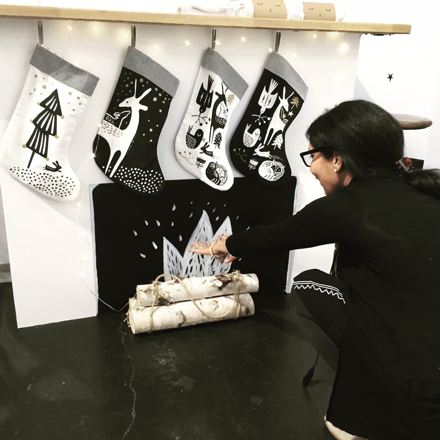 Winter Animals Stocking - White on Black - Chickadees Wooden Toys
