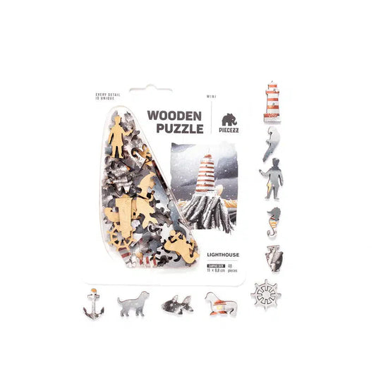 Lighthouse 40 Piece Mini Wooden Jigsaw Puzzle Geek Toys - Chickadees Wooden Toys