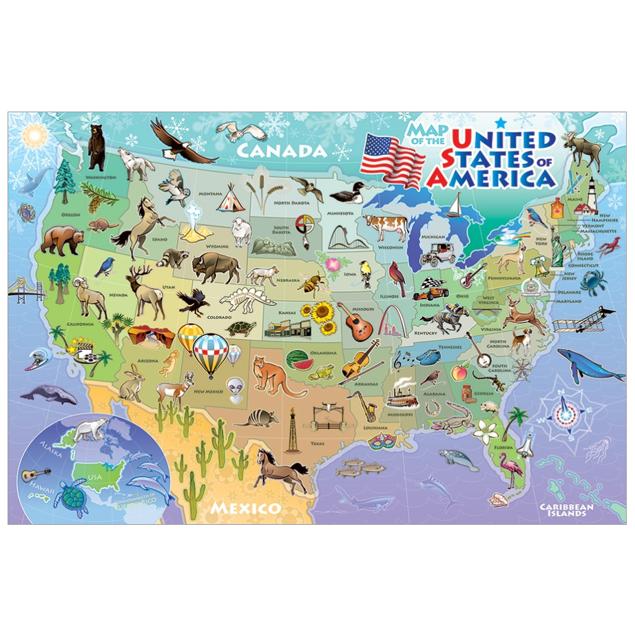 Map of the USA 48 Piece Floor Jigsaw Puzzle Cobble Hill - Chickadees Wooden Toys