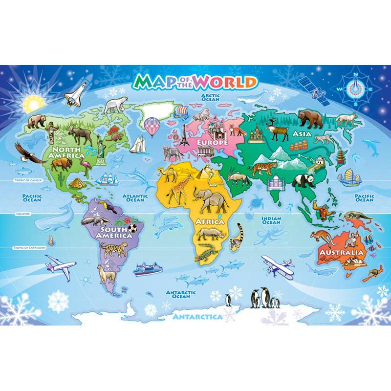 Map of the World 48 Piece Floor Jigsaw Puzzle Cobble Hill - Chickadees Wooden Toys