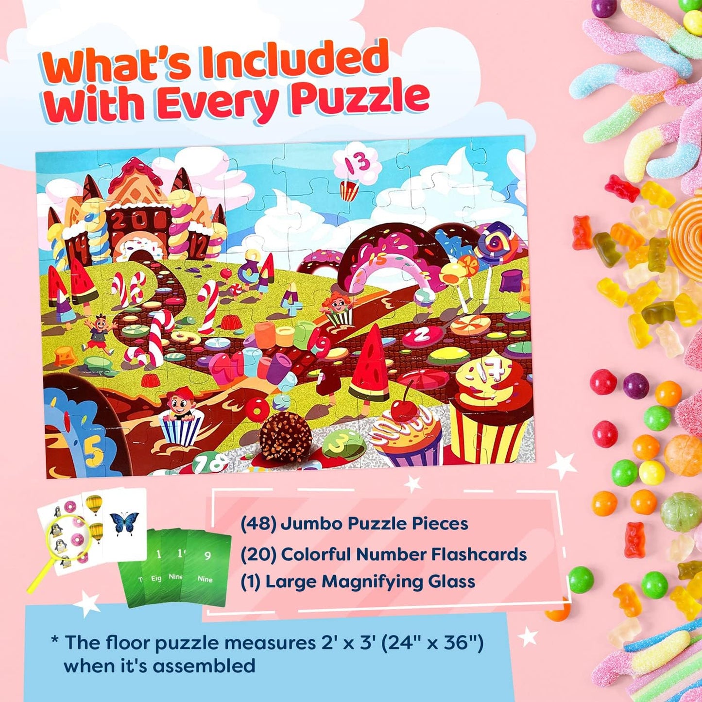 Numbers Spy 48 Piece Floor Jigsaw Puzzle with Flashcards & Magnifying Glass - Chickadees Wooden Toys