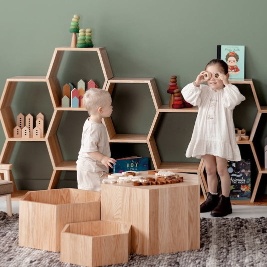 Hexagon Nesting Tables (Set of 3) | Solid European Oak - Chickadees Wooden Toys