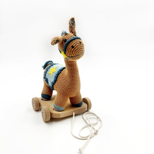 Wooden Toy with Plush Horse - Pull Along - Chickadees Wooden Toys