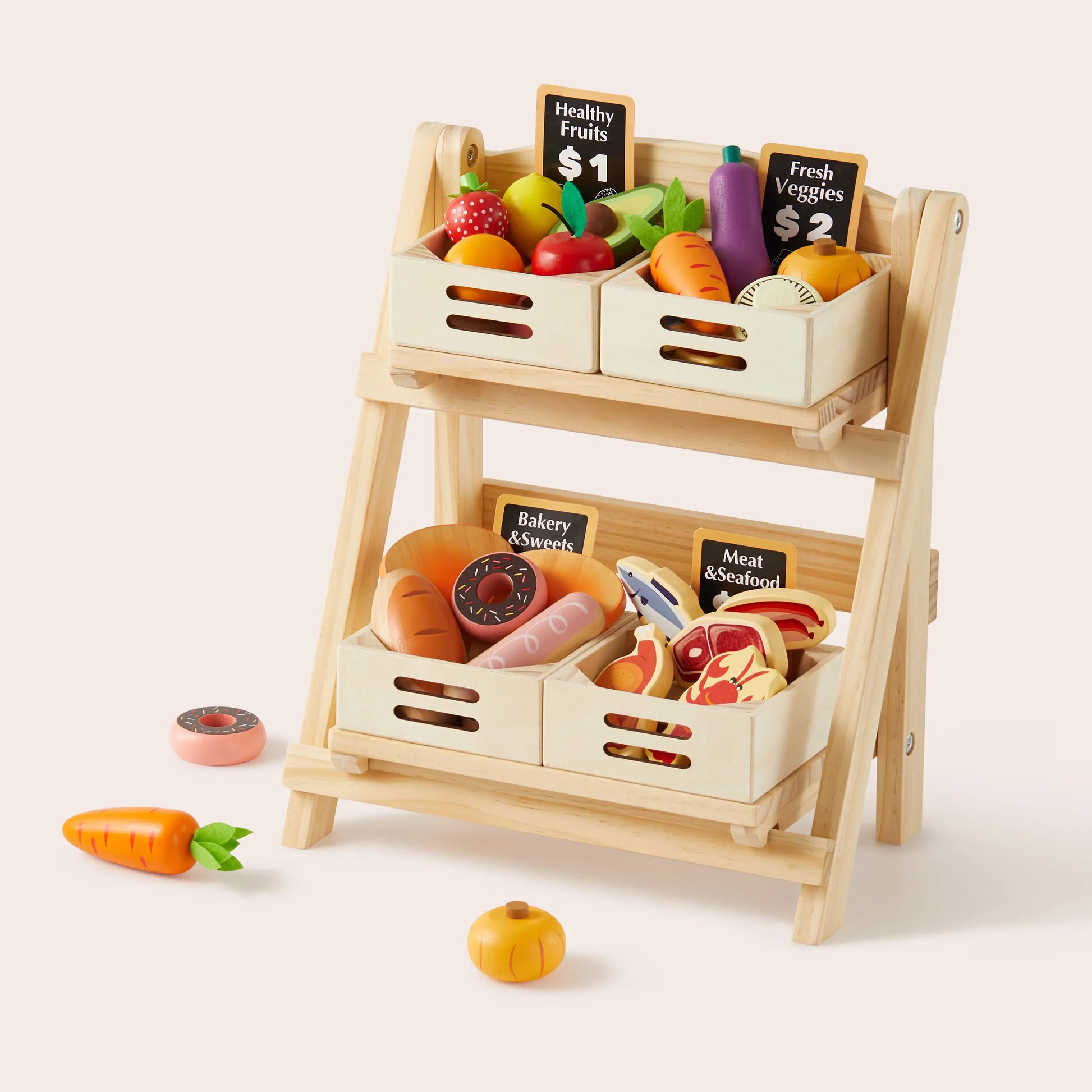 Tiny Land® Play Kitchen Accessories – Play Kitchen Food Storage: Versatile Wooden Rack for Play Food - Chickadees Wooden Toys