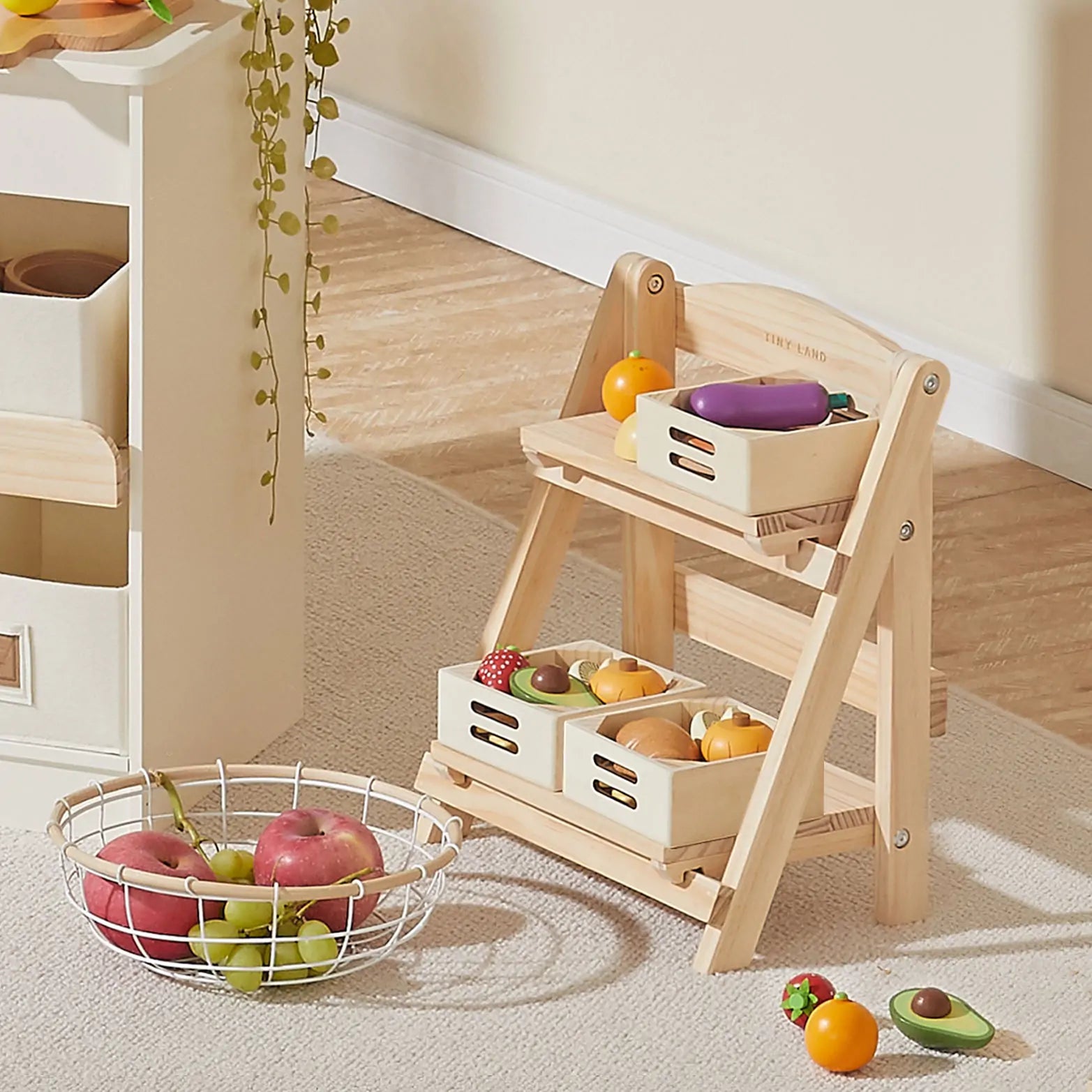 Tiny Land® Play Kitchen Accessories – Play Kitchen Food Storage: Versatile Wooden Rack for Play Food - Chickadees Wooden Toys