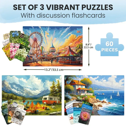 Set of 3 60 Piece Tray Jigsaw Puzzles with Conversation Cards Quokka - Chickadees Wooden Toys
