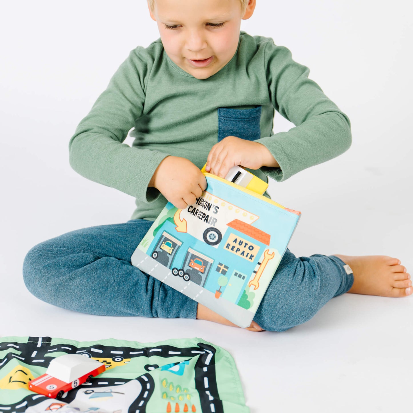 Toy Car Mat & Pouch: All-in-one Travel Entertainment! - Chickadees Wooden Toys