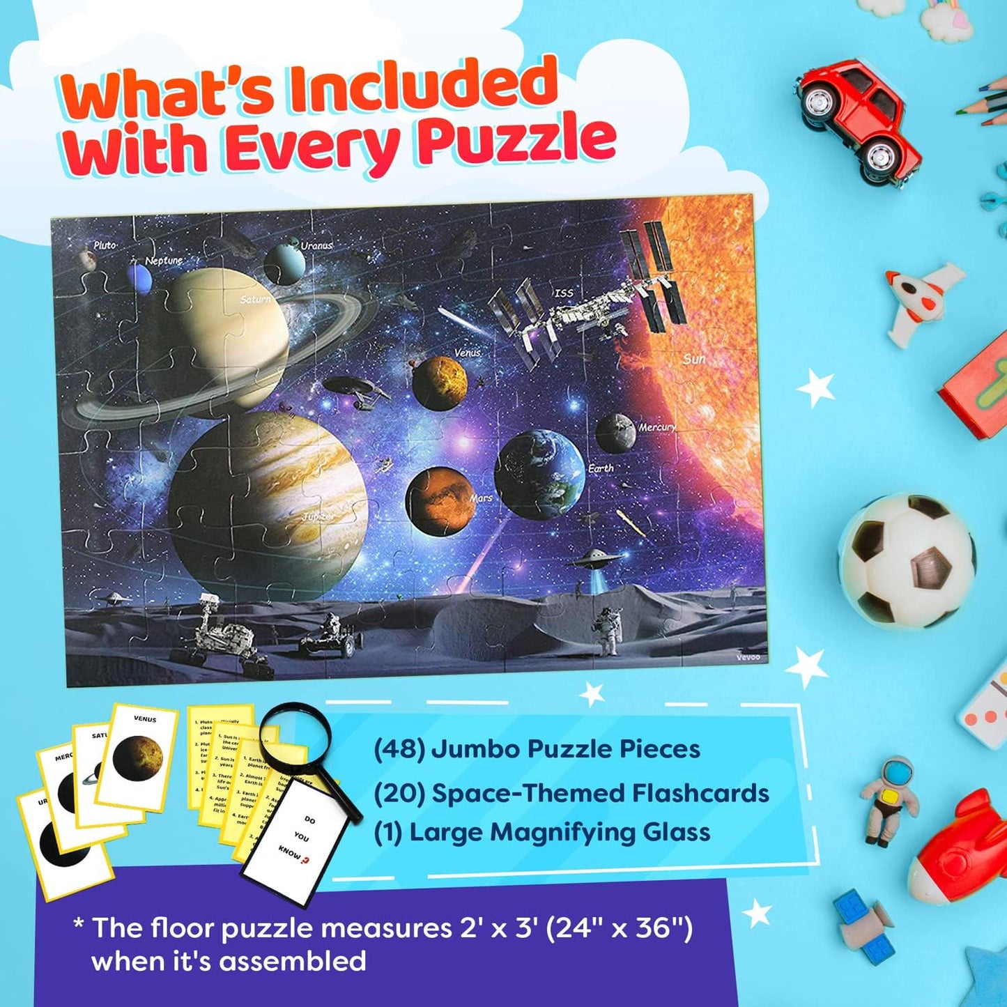 Solar System Spy 48 Piece Floor Jigsaw Puzzle with Flashcards & Magnifying Glass - Chickadees Wooden Toys