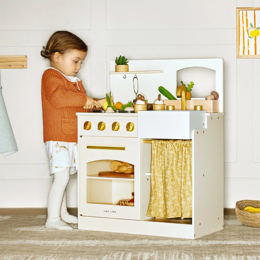 Tiny Land® Wooden Play Kitchen for Toddlers - Honey Kitchenette Pretend Cooking Set - Chickadees Wooden Toys