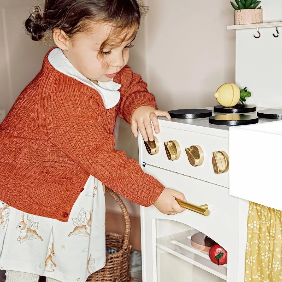 Tiny Land® Wooden Play Kitchen for Toddlers - Honey Kitchenette Pretend Cooking Set - Chickadees Wooden Toys
