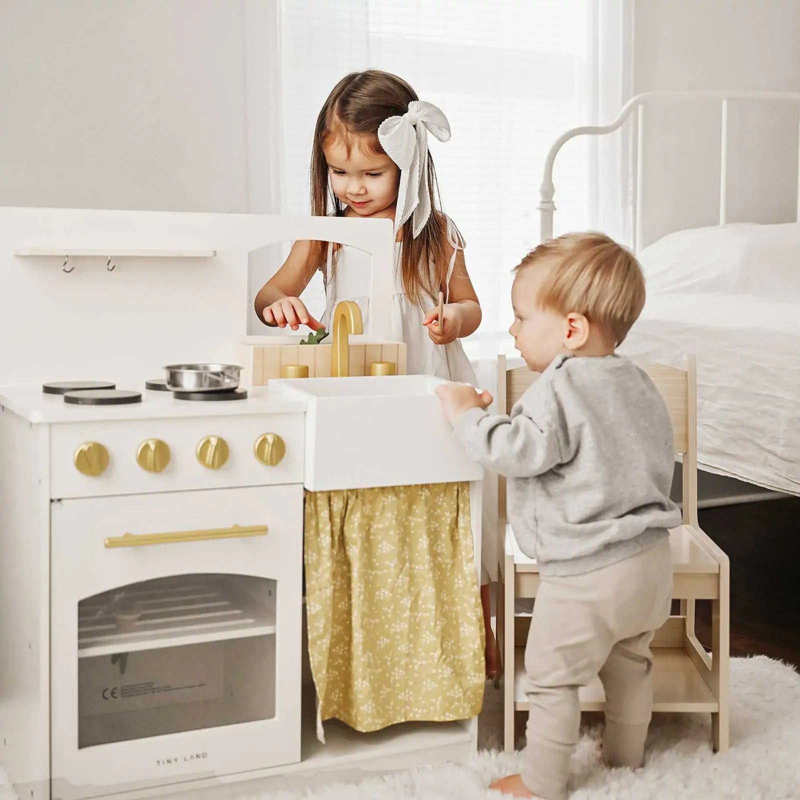Tiny Land® Wooden Play Kitchen for Toddlers - Honey Kitchenette Pretend Cooking Set - Chickadees Wooden Toys