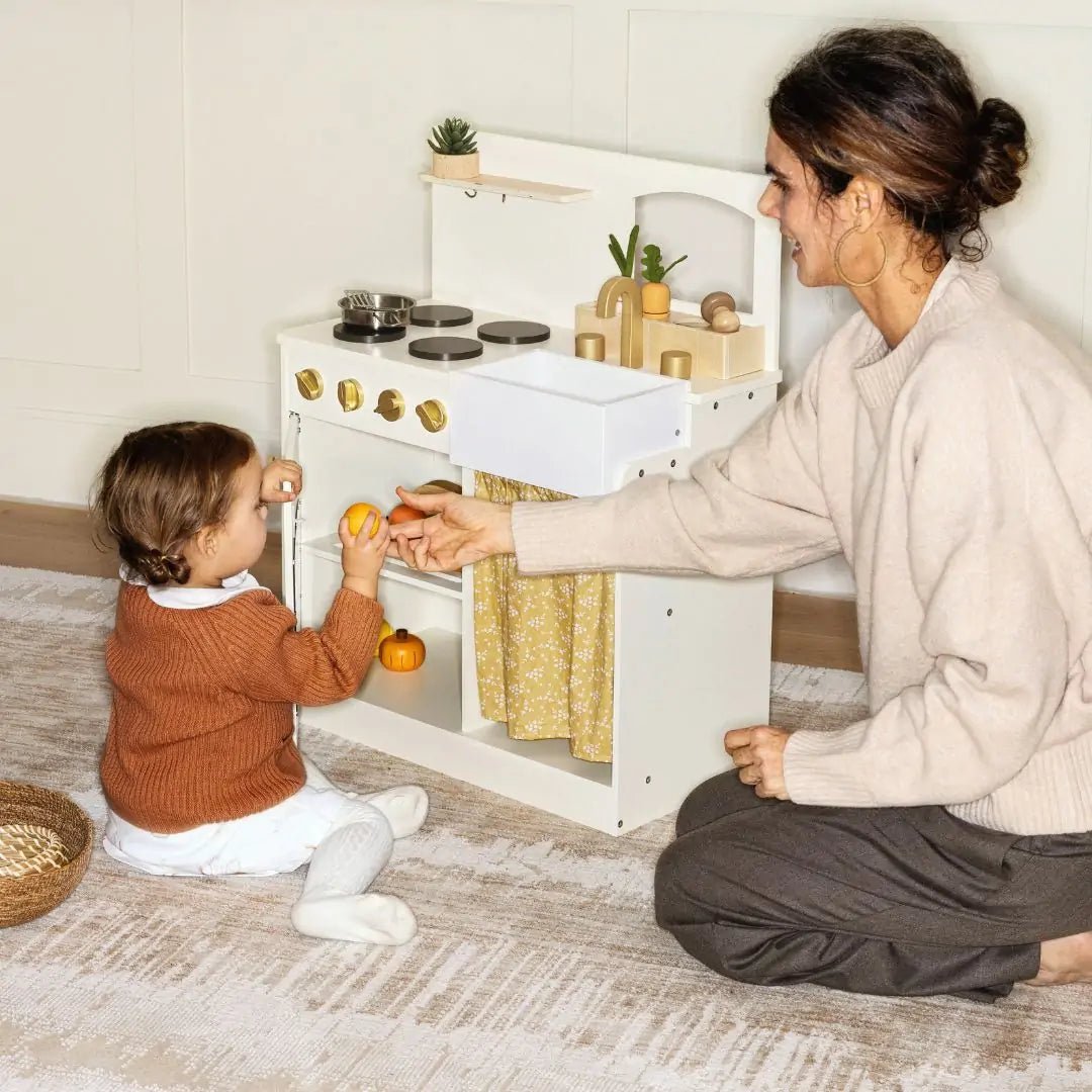Tiny Land® Wooden Play Kitchen for Toddlers - Honey Kitchenette Pretend Cooking Set - Chickadees Wooden Toys