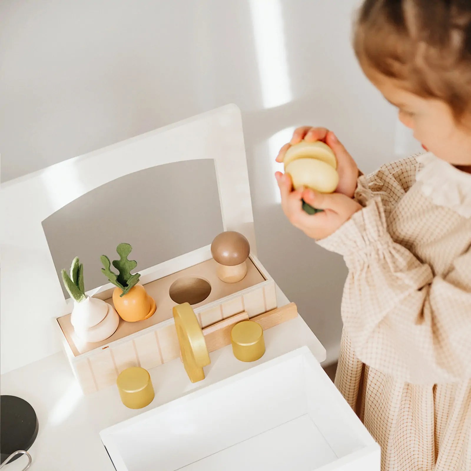Tiny Land® Wooden Play Kitchen for Toddlers - Honey Kitchenette Pretend Cooking Set - Chickadees Wooden Toys