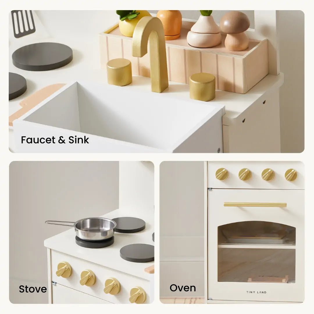 Tiny Land® Wooden Play Kitchen for Toddlers - Honey Kitchenette Pretend Cooking Set - Chickadees Wooden Toys