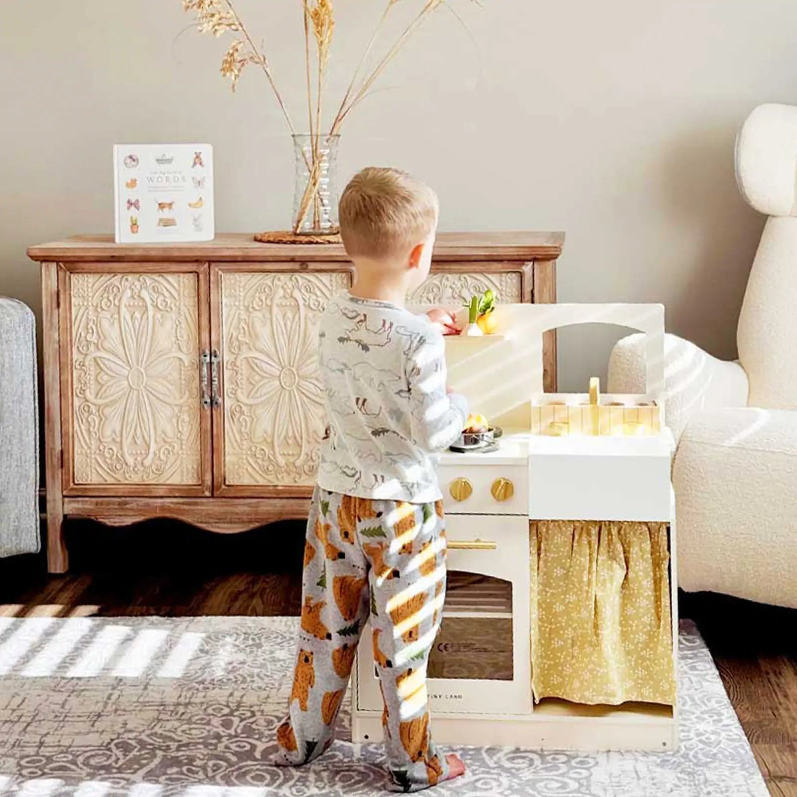 Tiny Land® Wooden Play Kitchen for Toddlers - Honey Kitchenette Pretend Cooking Set - Chickadees Wooden Toys
