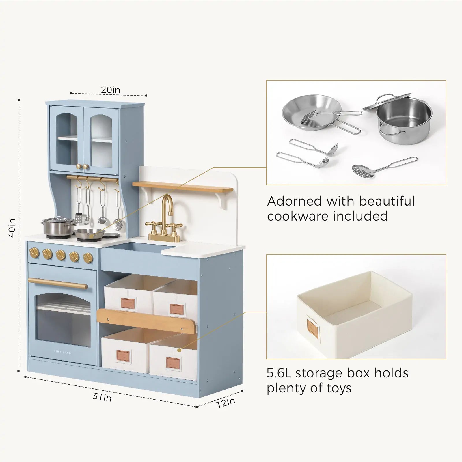 Tiny Land® Pretend Play Kitchen for Kids - Serenity Wooden Kitchen – Blue - Chickadees Wooden Toys