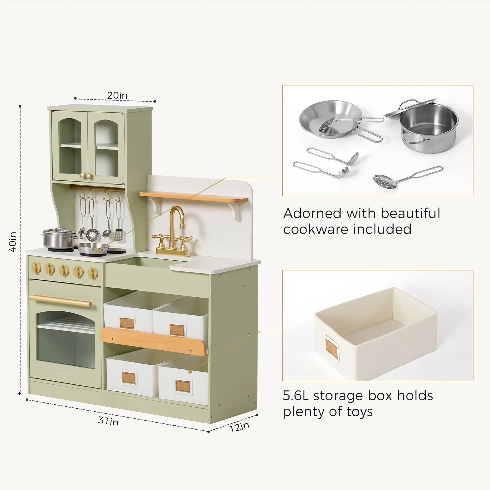 Tiny Land® Pretend Play Kitchen for Toddlers - Serenity Wooden Kitchen – Green - Chickadees Wooden Toys