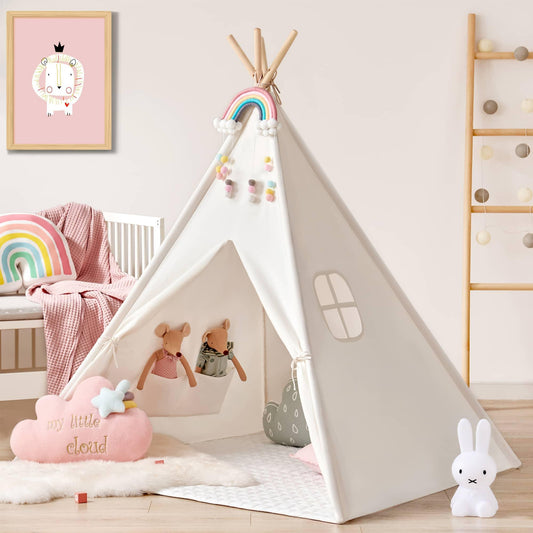 Tiny Land® Teepee Tent for Kids with Mat – Indoor Play Tent with Floor Mat - Chickadees Wooden Toys