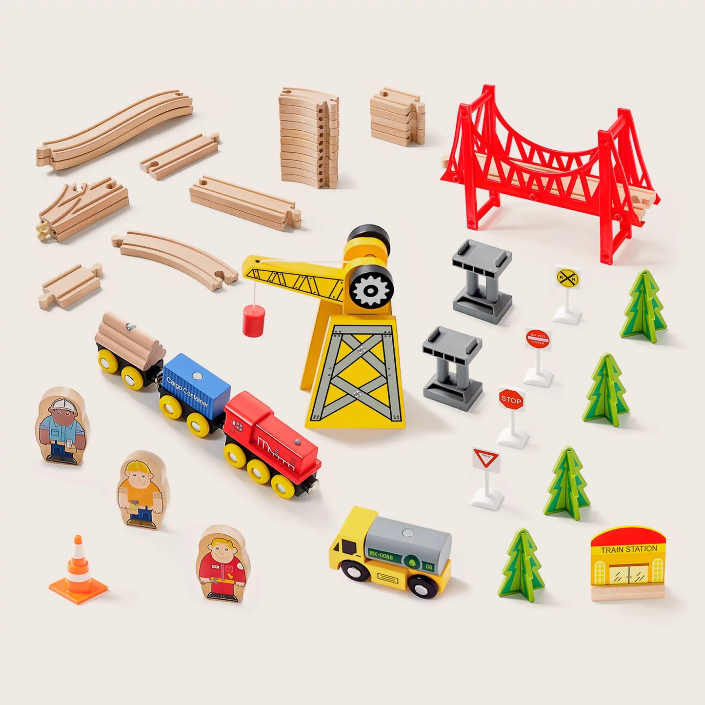 Tiny Land® Wooden Track Trains 55 Pcs - Chickadees Wooden Toys