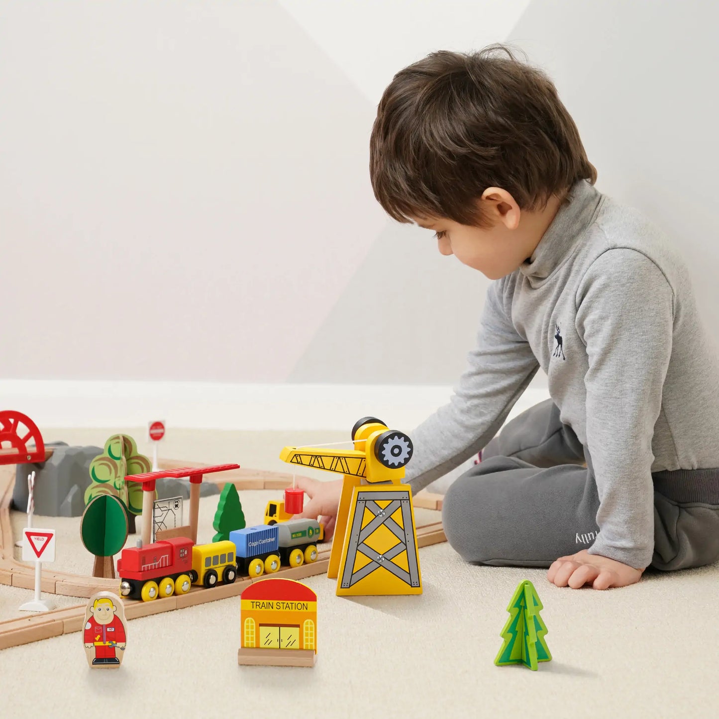 Tiny Land® Wooden Track Trains 55 Pcs - Chickadees Wooden Toys